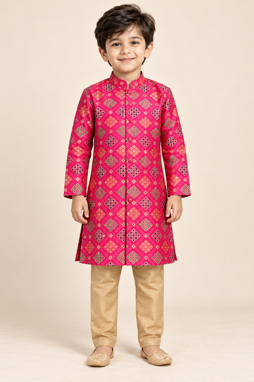 Red and Gold Printed Kurta with Golden Pants -  Boys Ethnic Wear