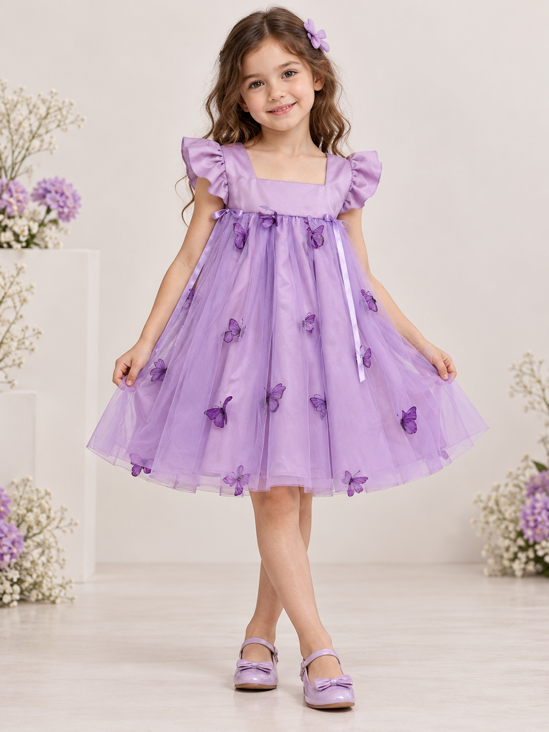 Lavender Party Wear Dress with 3D Butterflies
