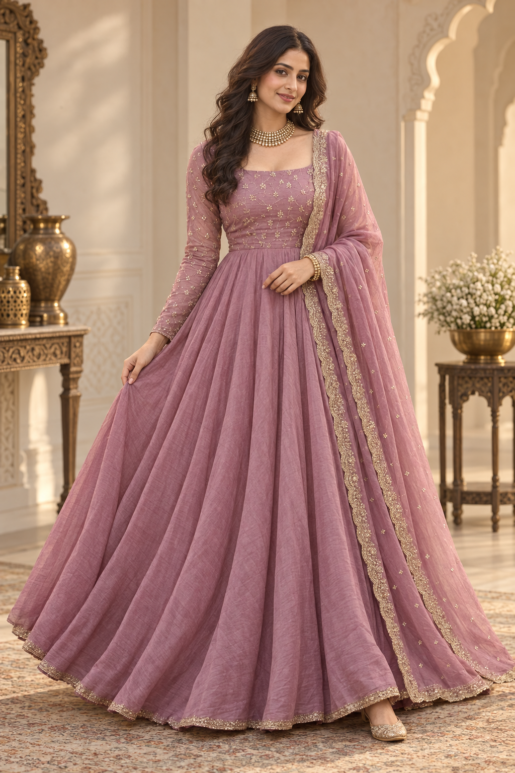 Rose Gold Colored Embroidered Maxi with Heavy Embroidered Shawl Set