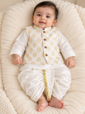 White Kurta and Golden Printed Overcoat with White Dhoti Style Pants -  Boys Ethnic Wear