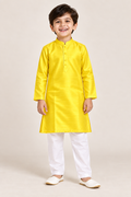 Lime Yellow Silk Kurta and White Pant - Boys Ethnic Wear