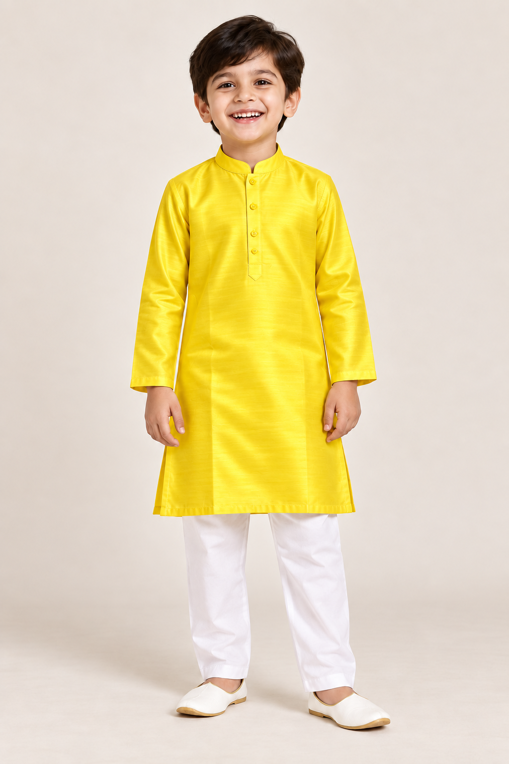 Lime Yellow Silk Kurta and White Pant - Boys Ethnic Wear